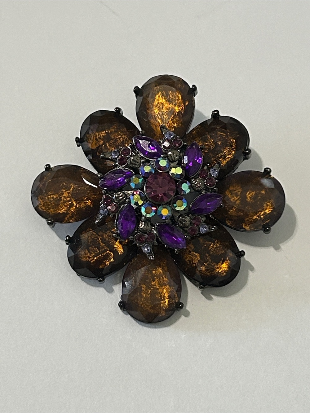 Vintage-Inspired Brown and Purple Floral Crystal Brooch
